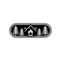 Rustic Mountain Campfire Emblem, Vintage Adventure Illustration, Pines vector