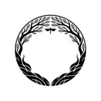 Circular Emblem Dragonfly Branch, Organic Growth, Minimalist vector