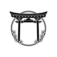 Japanese Torii Gate Frame, Floral Accent, Minimalist vector