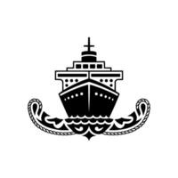 Nautical Crest Vintage Ship Silhouette on Wave Motif vector