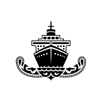 Nautical Crest Vintage Ship Silhouette on Wave Motif