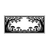 Stylized Forest Frame, Black White Illustration, Whimsical, Decorative, Nature, Emblem, Border, , Vintage, Art Nouveau, Symmetry, Mushroom, Foliage, Frame, Pattern, , Minimalist vector