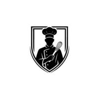 Culinary Shield Silhouette Chef with Whisk Emblem vector
