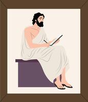 A man in a robe sitting on a bench with a tablet vector