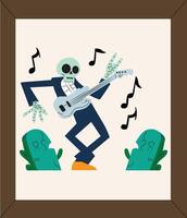 A cartoon skeleton playing guitar with music notes vector