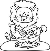 Outline of lion cooking a fried rice. vector