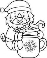 Outline of santa lion with hot chocolate.Coloring pages of cute lion. vector