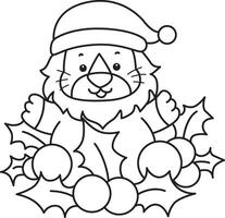 Outline of santa lion in the middle of cherry plants. Coloring pages of cute lion. vector