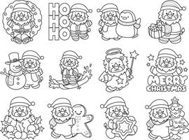 Outline of santa lion in the variation of christmas party. Coloring pages of cute lion. vector