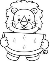 Outline of lion bring a watermelon. Coloring pages of cute lion. vector