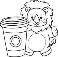 Outline of lion bring a cup of coffee. Coloring pages of cute lion. vector