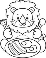 Outline of lion with bacon and eggs. Coloring pages of cute lion. vector