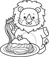 Outline of lion want to eating spaghetti. Coloring pages of cute lion. vector