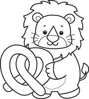 Outline of lion bring a waffle. Coloring pages of cute lion. vector