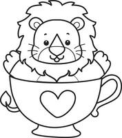 Outline of lion stuck in the cup of tea. Coloring pages of cute lion. vector