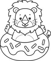 Outline of lion stuck in the doughnut. Coloring pages of cute lion. vector