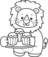 Outline of lion bring a three of cupcakes. Coloring pages of cute lion. vector