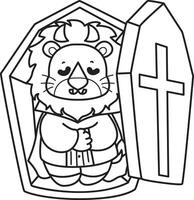 Outline of vampire lion sleeping in the coffin. Coloring pages of cute lion. vector
