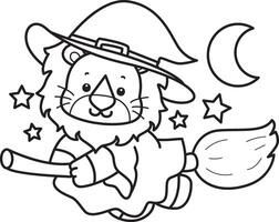 Outline of witch lion flying with broom stick. Coloring pages of cute lion. vector