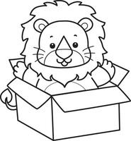 Outline of lion stuck in the box. Coloring pages of cute lion. vector
