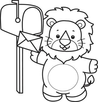 Outline of lion sending a message by mail box. Coloring pages of cute lion. vector