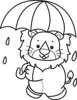 Outline of lion bring an umbrella. Coloring pages of cute lion. vector