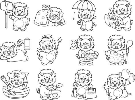 Outline of lon in the variation of random activity. Coloring pages of cute lion. vector