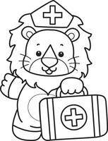Outline of lion bring a first aid kit. Coloring pages of cute lion. vector
