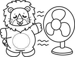 Outline of lion feel the air from the fan. Coloring pages of cute lion. vector