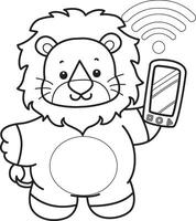Outline of lion bring a phone. Coloring pages of cute lion. vector