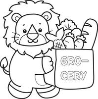 Outline of lion bring a grocery bag. Coloring pages of cute lion. vector