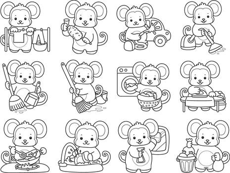 Outline of monkey with variation of chores and laundry. Coloring pages of cute monkey. vector