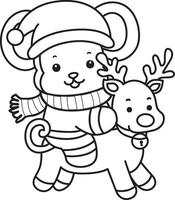 Outline of monkey riding a reindeer. Coloring pages of cute monkey. vector
