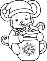 Outline of santa monkey bring a hot chocolate. Coloring pages of cute monkey. vector