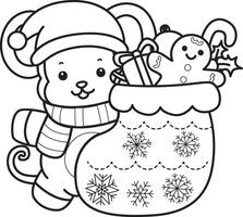 Outline of santa monkey with red socks. Coloring pages of cute monkey. vector