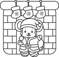 Outline of santa monkey arrive in the fire place. Coloring pages of cute monkey. vector