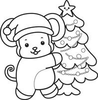 Outline of santa monkey bring a christmas tree. Coloring pages of cute monkey. vector