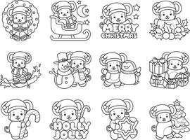 Outline of merry christmas by monkey. Coloring pages of cute monkey. vector