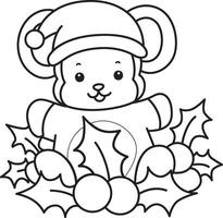 Outline of santa monkey in the middle of cherry plants. Coloring pages of cute monkey. vector