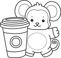 Outline of monkey bring a cup of coffee. Coloring pages of cute monkey. vector