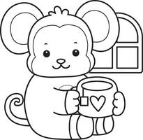 Outline of monkey bring a hot tea. Coloring pages of cute monkey. vector