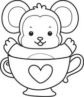 Outline of monkey stuck in the cup of tea. Coloring pages of cute monkey. vector