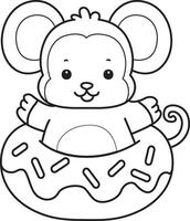 Outline of monkey stuck in the doughnut. Coloring pages of cute monkey. vector