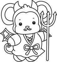Outline of monkey wearing a red devil costume. Coloring pages of cute monkey. vector