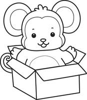 Outline of monkey stuck in the box. Coloring pages of cute monkey. vector