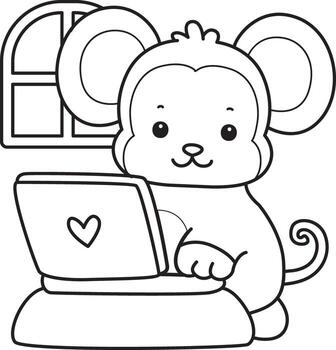 Outline of monkey typing in the notepad. Coloring pages of cute monkey. vector