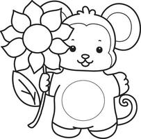 Outline of monkey bring a sun flower. Coloring pages of cute monkey. vector