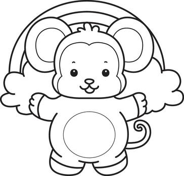 Outline of monkey in front of the rainbow. Coloring pages of cute monkey. vector