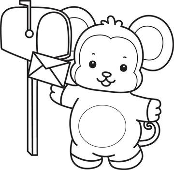 Outline of monkey sending a message by mail box. Coloring pages of cute monkey. vector