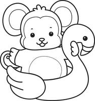 Outline of monkey stuck in the flamingo tire. Coloring pages of cute monkey. vector